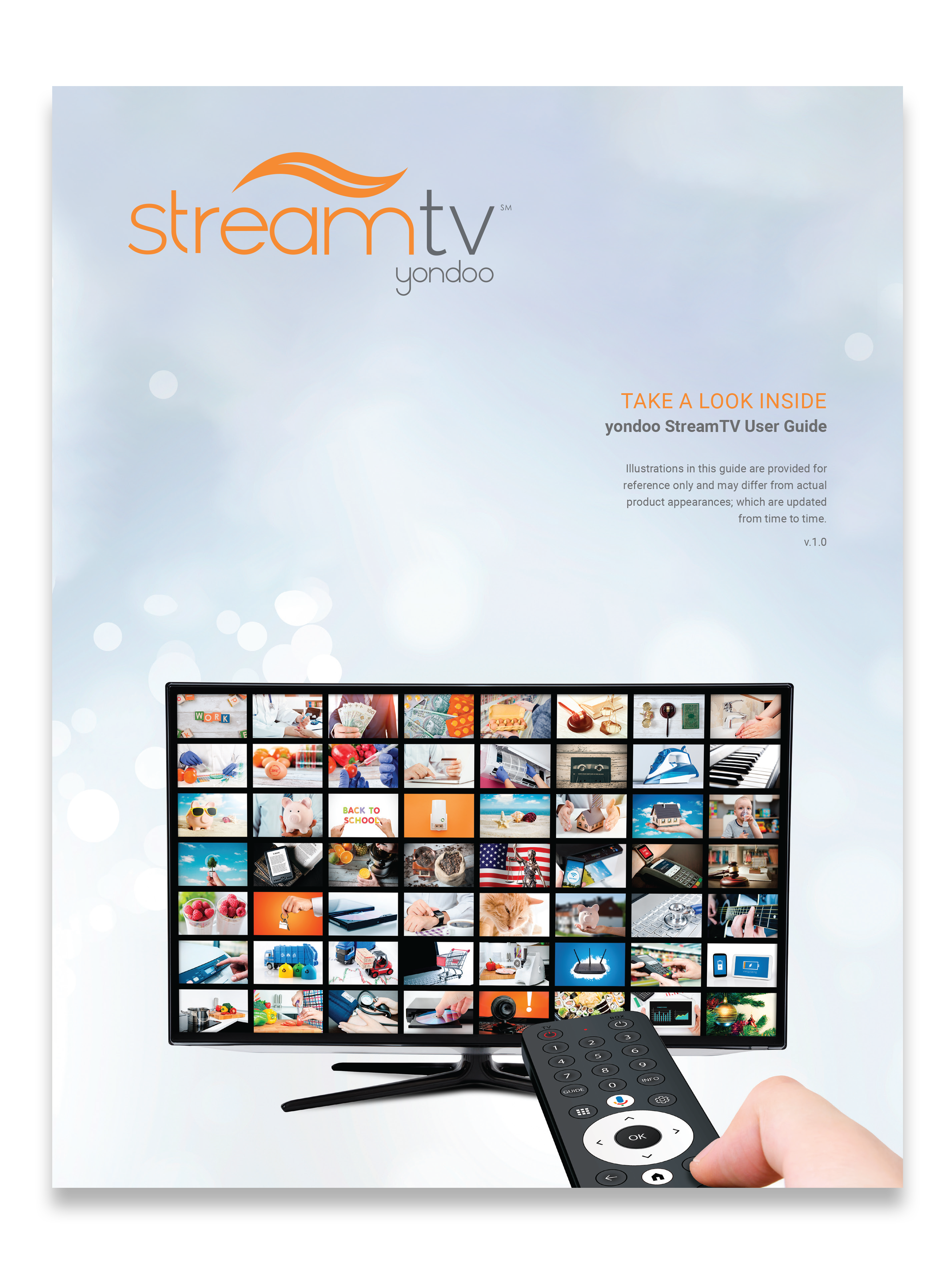 image of front cover of user guide with hand holding remote pointing to tv with application icons